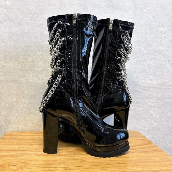 Dolls Kill Azalea Wang Black Patent Leather Silver Chain Platform Boots Size 10 - Picture 7 of 12